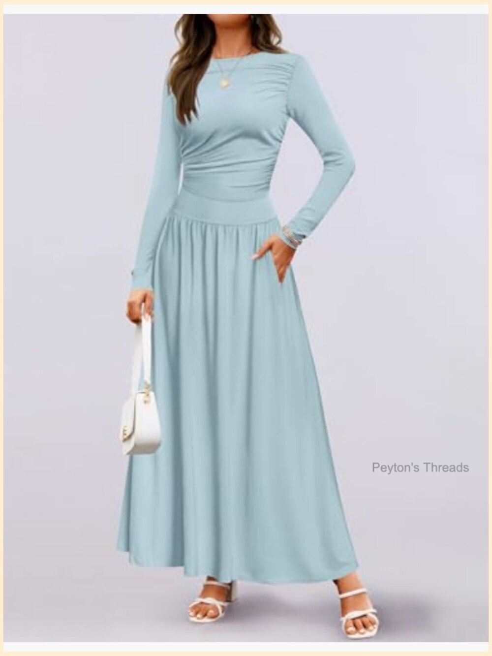 Women's Long Sleeve Crewneck Swing Pleated Maxi Dress with Pockets - Picture 4 of 7